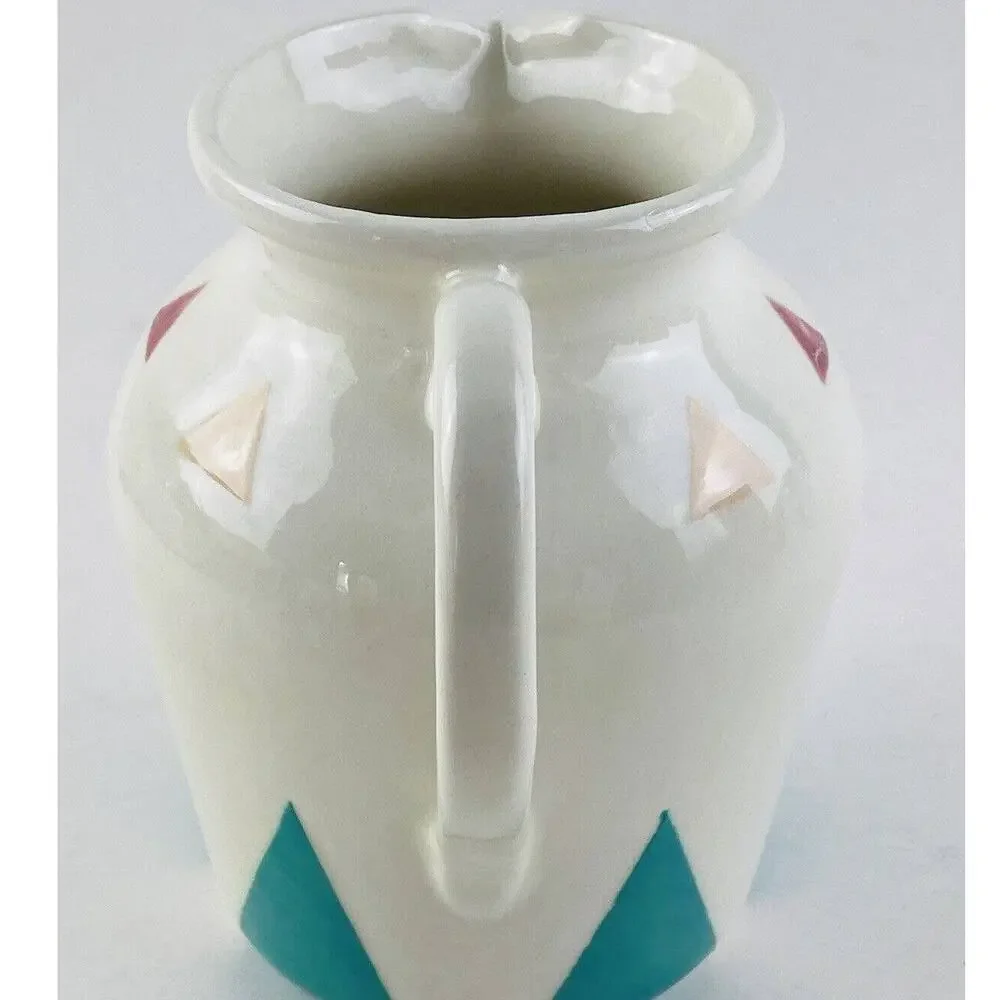 STORYTELLER ARTS Graphic Pitcher Pot Triangles Rare Turquoise Hand Painted 6.5